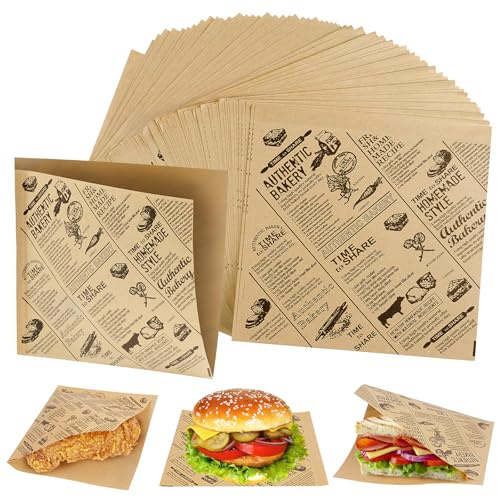 HAGOT 200 Pieces Thick Burger Paper, Food Wrapping Paper, Suitable for Hamburgers, Sandwich, Snacks, French Fries Waterproof and Oil-Proof Food Bags (15 x 15 cm)