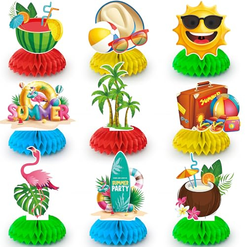 Huxolynifty Sommer Party Deko Tischdeko, 9pcs Sommerparty Tischdekoration Sommer Honeycomb Dekorationen Hawaii Bienenwaben Tischaufsätze für Beach Pool Party