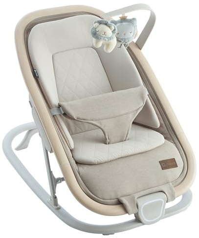 Qutanix 2-in-1 Baby Bouncer & Rocker,Portable Baby Bouncer Seat for Babies 0-9 Months, Baby Rocking Chair with 3 Reclining Positions,Wood Accents,Soft Newborn Insert - Beige