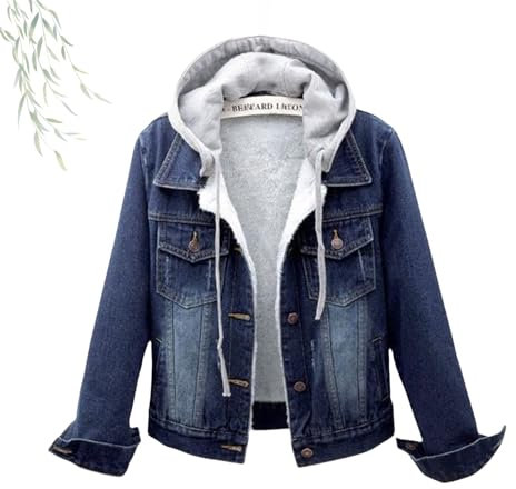 Generisch Giacca di jeans casual a maniche lunghe con cappuccio da donna, vestibilità aderente, con abbottonatura e cappuccio rimovibile, giacca jeans leggera, Blu scuro spesso, S