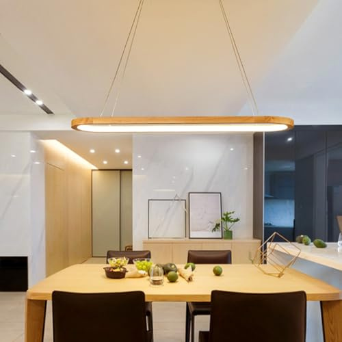 Aleaty LED Holz Dimmbar Pendelleuchte Moderner Oval Kronleuchter Esstisch Büro Esszimmerlampe Höhenverstellbar mit Fernbedienung Hängelampe für Esszimmer Schlafzimmer Wohnzimmer (Holz, 120cm)