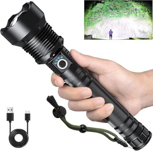 990,000 lumens super bright LED flashlight, 10000 mAh rechargeable, powerful torch 5 levels of brightness adjustment IPX7 waterproof, suitable for camping and hiking torches A+++ energy efficiency