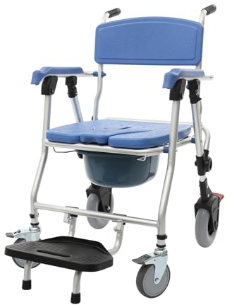 Klappbarer Toilettenstuhl mit Rollen & Breitem Sitz 41x43cm, Duschstuhl Höchstgewicht 150 kg, Rollstuhl für Dusche Senioren Pflege (Harte Sitze)