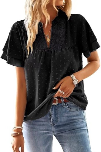 TUUHAW Camiseta Oversize Mujer Camisetas Manga Corta Mujer Cuello en V Camisa Volantes Suelto Básica Blusas Casual Elegante Túnica Encaje Tops Estilo Retro Bordado Oficina T-Shirt Negro XXL