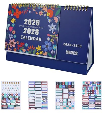 FuninCrea Calendar 2026-2028, 3 Years Desk Calendar with Notes and 4 Stickers, Family Planner Calendars for Monthly Planner, Countdown Calendars Gift for Christmas, New Year (Blue)
