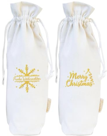 2 Stück Jute Flaschentüten Weihnachten, Mit Schneeflocken Und Weihnachtsbaum Muster Für Geschenktüten Flaschen, Mit Kordelzug Für Weihnachtstüten Groß, Geeignet für Hochzeiten, Reisen, Geburtstag