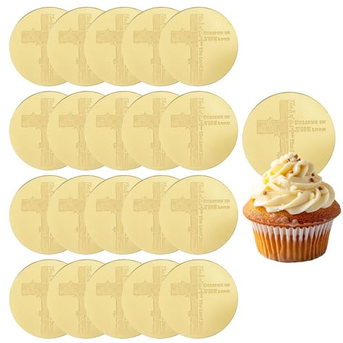 URROMA 20Pcs Gold Round Cupcake Toppers, Cross Cake Topper for Baby Shower Christmas Christening Holy Communion Baptism Church Celebration Religious Decor
