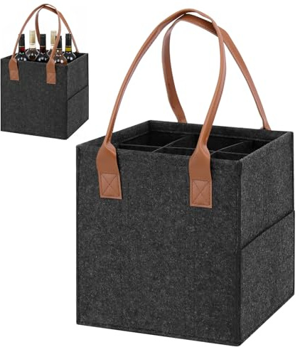 Mittimiya Flaskhållare, flaskväska av filt med läderhandtag, vikbar herrhandväska öl för vinflaska, dryckesflaskor, vattenflaskor, GRÅ, 28 x 19 x 27cm, Mode