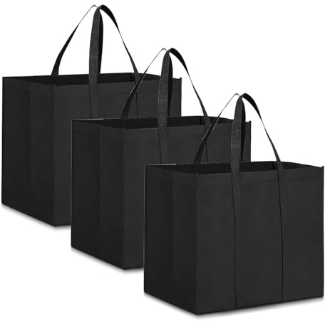 Schwarze Einkaufstasche Faltbar 3 Stück Wiederverwendbare Lebensmitteltaschen, Einkaufstaschen mit Griffen, Einkaufskorb, Einkaufstasche Groß, Tragetasche für Einkaufen Picknick Camping(41x33x26cm)