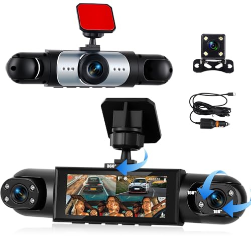 CAMECHO Dashcam 4 Canales 1080P, visión 360° para Coche, 4 cámaras Ajustables, Pantalla 3.16, guías de Aparcamiento, Compensación de exposición, Montaje Sencillo, grabación en Bucle
