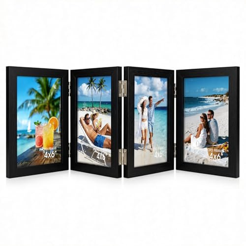 Adoture Cornice portafoto pieghevole, nera, 10 x 15 cm, per 4 foto, da parete e tavolo, ideale per la famiglia, matrimoni e foto dei ricordi