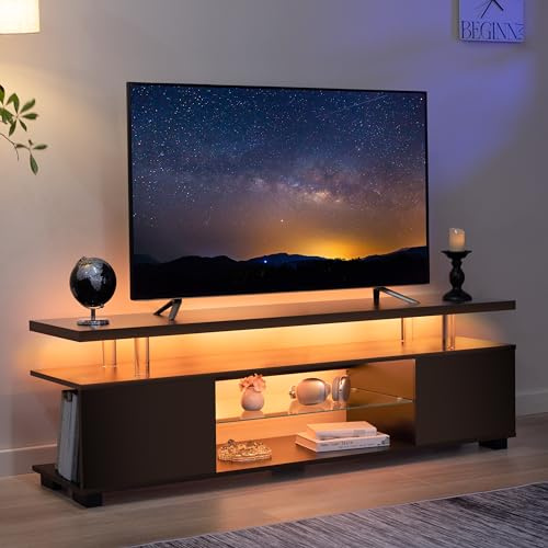 Cubehom Mueble de TV LED de 130 cm, moderno mueble bajo con iluminación LED y espacio de almacenamiento, mesa de TV para salón, para televisores de hasta 60 pulgadas, color negro