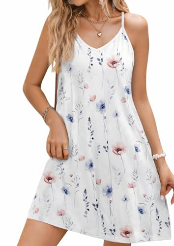 Zeagoo Robe d'Été Femme Bohème à Fines Bretelles, Robe de Plage Fleurie à Col V, Mini Robe Courte sans Manches BF290 S