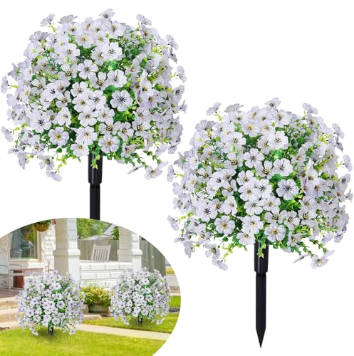 Fairblo 2 Pièces Boules de Buis Artificiel Extérieur 60 cm Blanche | Plante Artificielle Exterieur Anti UV Arbuste Fausse Plante avec Piquet Arbustes Artificielles Fleurs Déco Porche Jardin