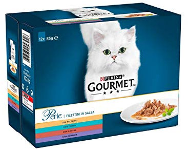 Purina Gourmet Feuchtperlen Katze Filets in Sauce mit Truthahn, Thunfisch, Ente, Lamm - 72 Beutel à 85 g (6 Packungen à 12 x 85 g)