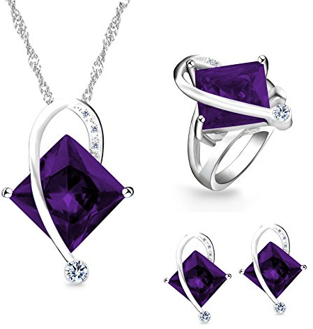 Uloveido Mujer Grande Cuadrado Collar de Cristal Púrpura Encanto Gargantilla Collar Stud Pendientes Anillos Dama de Honor Conjunto de Joyas para Mujeres (Púrpura, Tamaño 19) T295