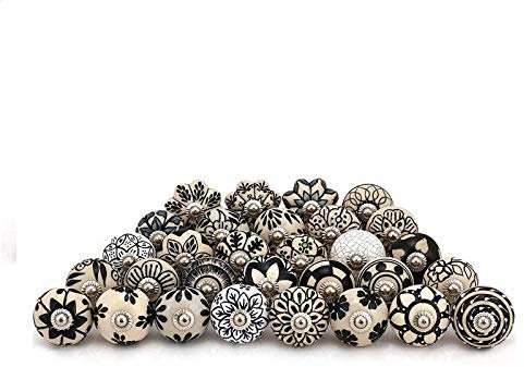 FOLK CRAFT Assorted Cabinet Knobs - Black & White Cream Mix Designed Rare Hand Painted Ceramic Drawer Pulls Door Handle Home Decor Hardware - Pack of 6 Pcs