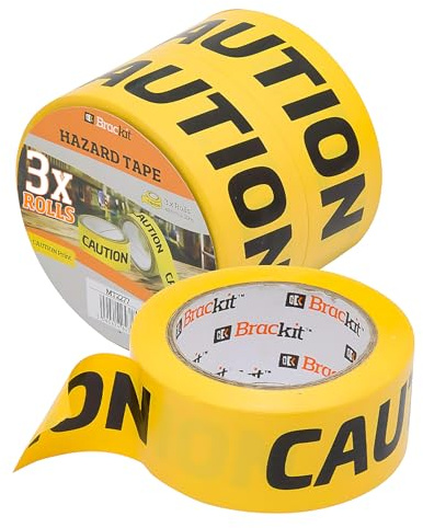 Brackit Caution Tape 48mm x 30m, Pack of 3 Rolls – Hazard Tape Black and Yellow for Safety Marking - Durable Adhesive Tape Floor Marking Tape for Indoor, Outdoor Safety Barriers
