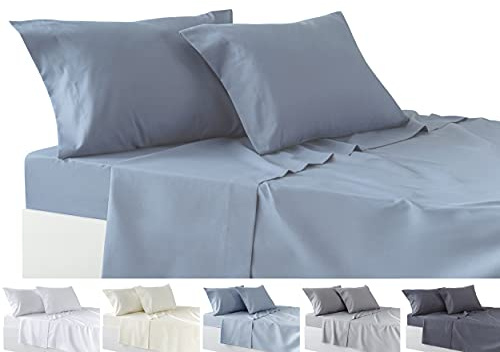 Todocama Set di lenzuola da 4 pezzi, lenzuolo con angoli elasticizzati - sopra - due federe da 50 x 80 cm. (Letto 90-90x190/200 cm, grigio-blu)