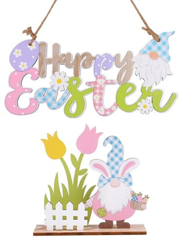 2 Pz Ciondoli Pasquali Pendente Legno Gnomi Pasquali Coniglio Scritte Happy Easter Ornamenti Appendere Decorazioni Tavola Casa Festa Albero di Pasqua Centrotavola Artigianato Porta Ingresso