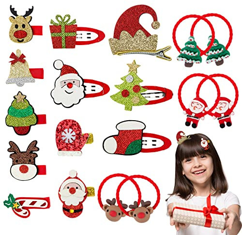 15 Stück Weihnachten Mädchen Haarschmuck Set, Weihnachts Haarspangen Haargummis Karikatur Snap Haarclips Haarklammern für Mädchen Kinder