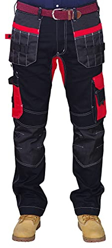 HASHOOB TRADING FZE Men’s Work Trousers Heavy Duty Cargo Combat Work Pant Multi Pockets Knee Pad Cordura Protection (BLACK1, 30W X 32L)