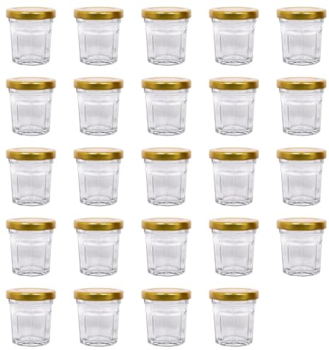 Argon Tableware Glass Jam Jars with Airtight Gold Lids - 30ml - Pack of 24 - Empty Screw Top Kitchen Storage Jar for Food, Honey, Spice, Pickling, Preserving, Candle Making
