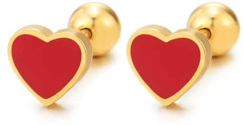 Stainless Steel Pair Womens Tiny Gold Color Flat Heart Stud Earrings with Red Enamel, Screw Back