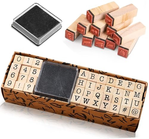 40 Stück Holzstempel Alphabet Buchstaben- und Zahlenstempel Set Vintage Holz Alphabet Briefmarken mit Stempelkissen für Kunst, Handwerk, Kartenherstellung