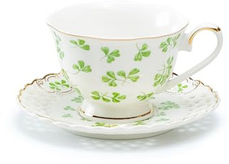 Gracie China Shop Grace Teaware Shamrock Fine Porcelain Tea Cup and Saucer Set with Pierced Design Hand Painted Gold Detailing, Regular