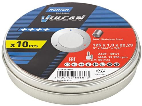 Norton Vulcan - Lot de 25 disques à tronçonner pour meuleuse d'angle - Diamètre : 125 mm x 1,0 mm - Pour acier inoxydable