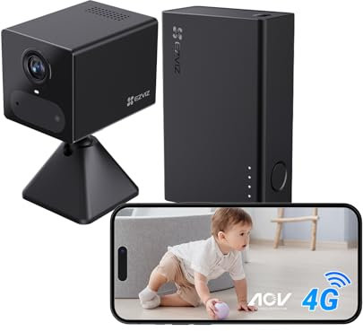 EZVIZ 4G Kit de Camara de Vigilancia Bateria 2000mAh y Power Bank de 5200mAh, 2K Camara Interior de Seguridad, Audio Bidireccional, AI Deteccion Humana, 512GB Tarjeta(No Incluido), CB2 Negro