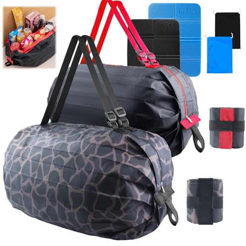 GZjiyu 2 bolsas de la compra plegables, ecológicas de gran capacidad, bolsa de tela Oxford, con 2 cojines de asiento y bolsa de fieltro, para viajes, picnic y playa, Negro