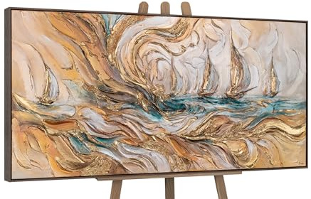 YS-Art Quadro Barche a Vela Astratte Oro Turchese Beige Dipinto a Mano