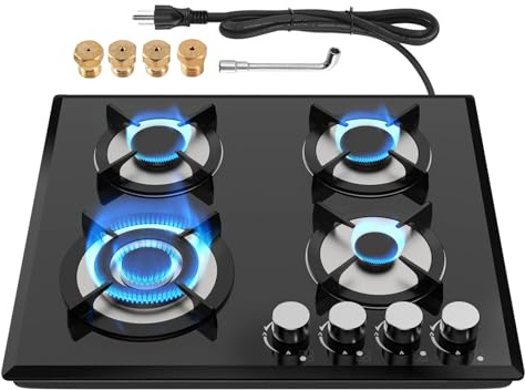 Alemania 24 Inch 4 Burner Gas Cooktop, Built-in Propane Stove with NG/LPG Conversion, Black Glass Hob with 120V Electric Ignition for Kitchen and RV