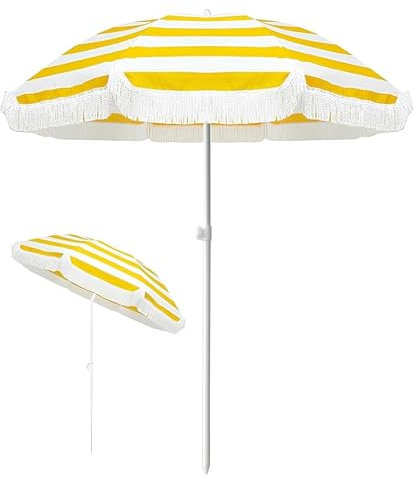 Parasol Inclinable Jaune Et Blanc De 1,80m Avec Franges – Parasol De Jardin Léger, Tissu Résistant À La Décoloration, Facile À Ouvrir Et À Fermer