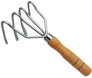 Handgrubber mit 4 Zinken, 1 Stuck Karbonstahl Blumenrechen, 25,5cm Längen, Rostfreier Kleine Harke Gartenrechen mit Holzgriff zum Auflockern des Bodens in kleinen Gärten und zum Jäten