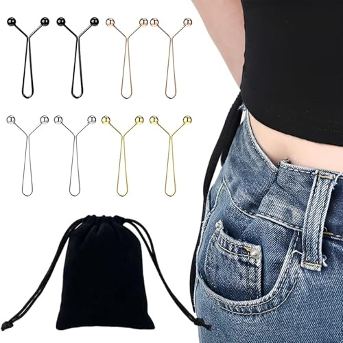 RhiVrillion 8 Bottoni Regolabili per Jeans - Clip Stringi Pantaloni Senza Cucire - 4 Colori (Argento/Nero/Oro/Oro Rosa) - Per Uomo e Donna