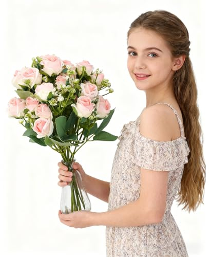 Rieoany 4 Bündel Künstliche Blumen Rosen, Rosa Kunstblumen Wie Echt, Kunstblumen für Draußen und Drinnen, Künstliche Balkonpflanzen für Dekoration, Hochzeit, Tisch & Zuhause