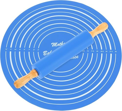 Backunterlage mit nudelholz holz,Rutschfeste Antihafte Teigunterlage Backmatte mit Messung,für die Herstellung von Keksen, Macarons, Arbeitsplatte (Blau)