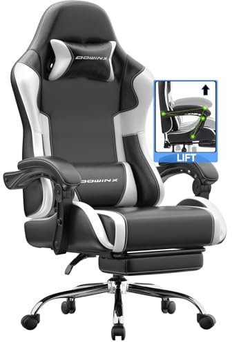 Dowinx Gaming Stuhl Bürostuhl Massage Gaming Sessel mit höhenverstellbaren Linkage-Armlehnen, ergonomischer Gamer Stuhl mit Fußstütze, gepolstert Gaming Chair 150° neigbar bis 180 kg, Weiß
