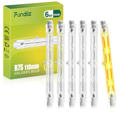 Fondiiz Halogenstab 118mm 300W, 4200LM 2700K Warmweiß Dimmbar Halogen R7s | 6 Stück, Halogen Leuchtmittel R7s 118mm 300W, J118 Halogenstäbe Linear Halogenlampe für Strahler,Deckenfluter,Deckenleuchte
