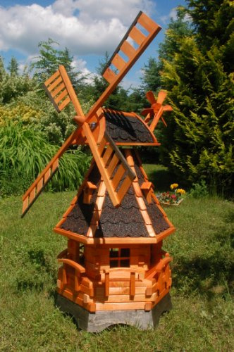 Windmühle aus Holz, kugelgelagert, 1,25 m, Bitum dunkel, mit extra Windrad hinten am Kopf, imprägniert, Kugellager einstellbar, Gartenwindmühle, Windmühlen