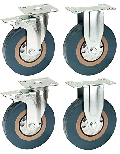 125mm Non Marking Grey Hard Rubber Castors - Swivel Braked & Fixed Plate Fitting - Heavy Duty Casters Wheels by Bulldog Castors - Max 400Kg Per Set