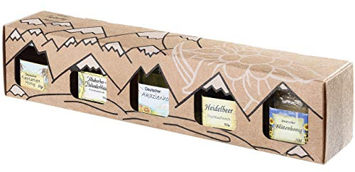 Allgäuer Genuss-Box | Honig und Fruchtaufstriche Geschenkbox mit 5x 50g Feinschmecker-Brotaufstrich