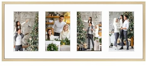 Frametory - 8x20 Aluminum Collage Picture Frame - Display 4x6 Pictures with 4 Openings Mat - Real Glass Front - Horizontal/Vertical Wall Mount - Gold 1 Pack