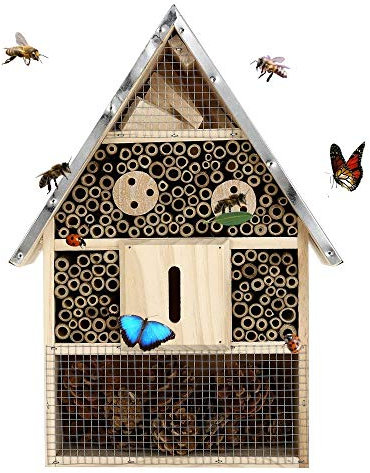 Buddy Wild Insektenhotel - 28x9,5x40 cm Umweltfreundliches Insektenhaus für Schmetterlinge Marienkäfer im Garten - Kinderfreundliches Witterungsbeständiges Bienenhotel Naturholz mit Metalldach