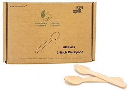 200 Mini Cuillères en Bois, Couverts en Bois Jetables - 95mm/3.7 Cuillères de Dégustation Jetables Cuillère à Glace en Bois pour le Yaourt, la Crème Glacée, le Dessert