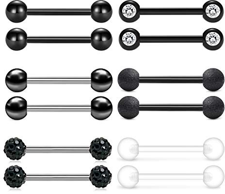 LAURITAMI 12 Paar Zungenpiercing Brustwarzenpiercing Set Chirurgenstahl 1.6mm 14mm Barbell Piercing Zunge Nippel Bars Schwarz