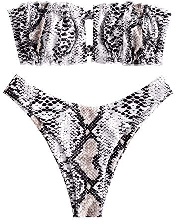 ZAFUL Damen Bikini Set, schulterfrei Bandeau mit Kordelzug & Rüschen High Cut Bademode mit Tierdruck (Schlangenmuster, M)